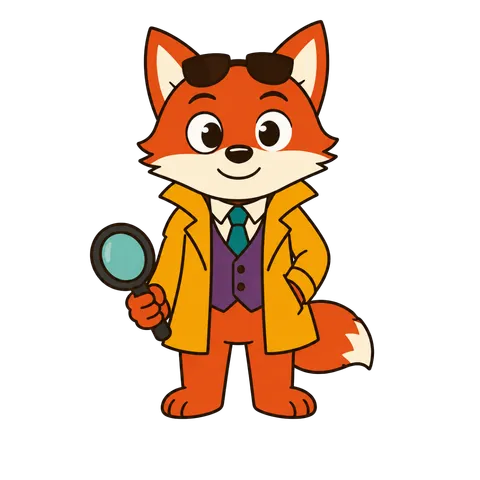 The Kryzzle fox detective holding a magnifying glass